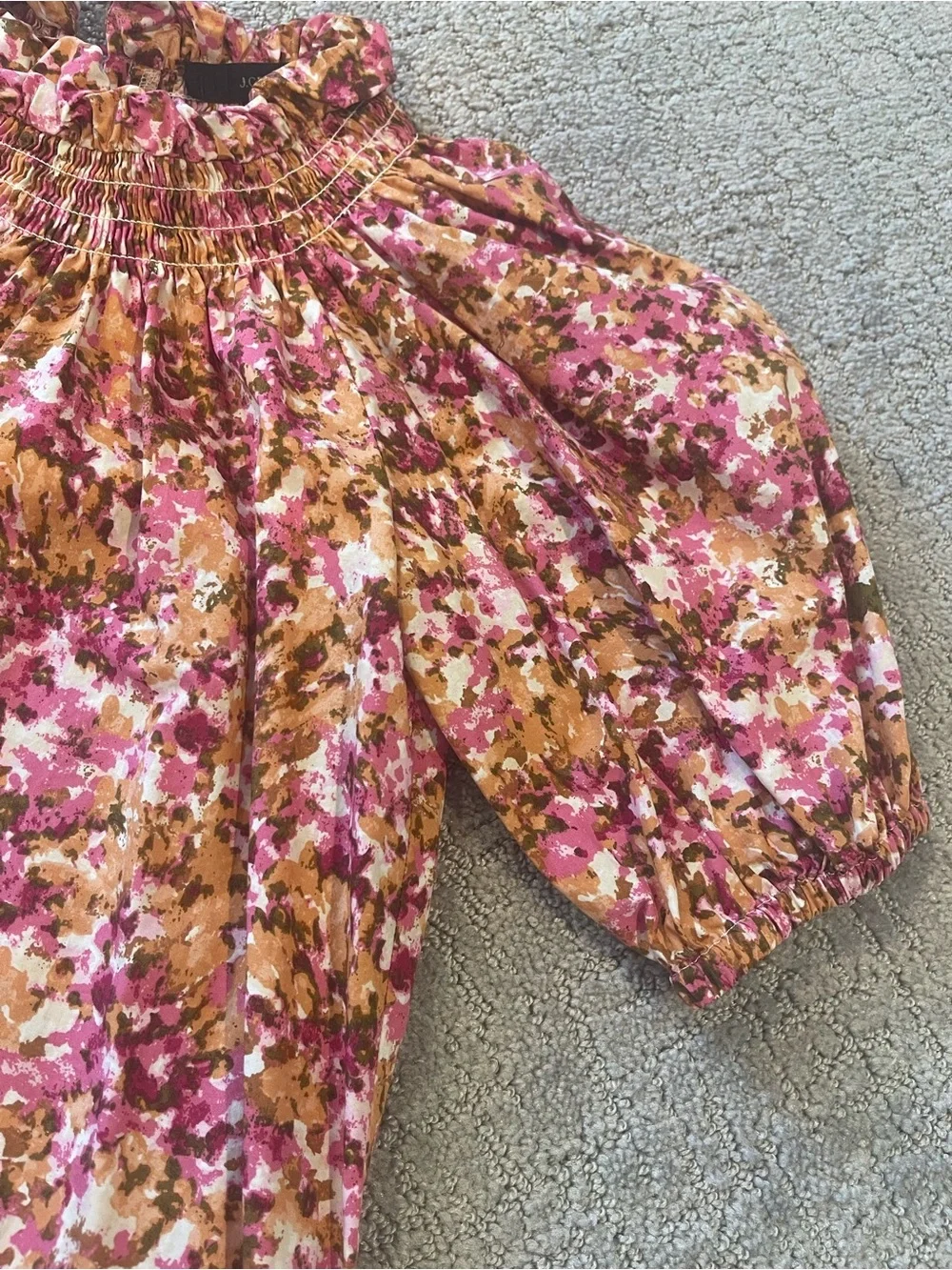 J. Crew Smocked Puff-Sleeve Blouse, Ties In Back, Pink Faded Floral, Size XXS